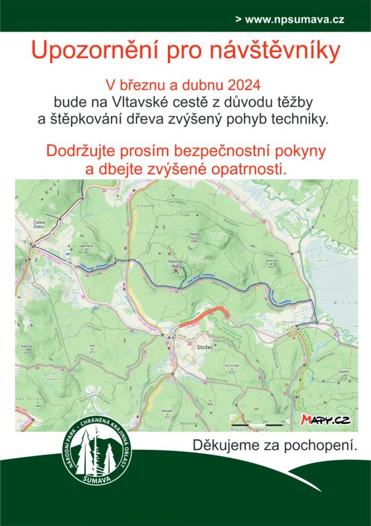 Upozornění na omezení vstupu z důvodu kácení a štěpkování Vltavská cestaky