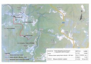 Mapka s vyznačeným omezením pro turisty na trase Horní Kanál - ÚP Srní - probíhá zde oprava lesní cesty (17.4. - 15.6.2024)