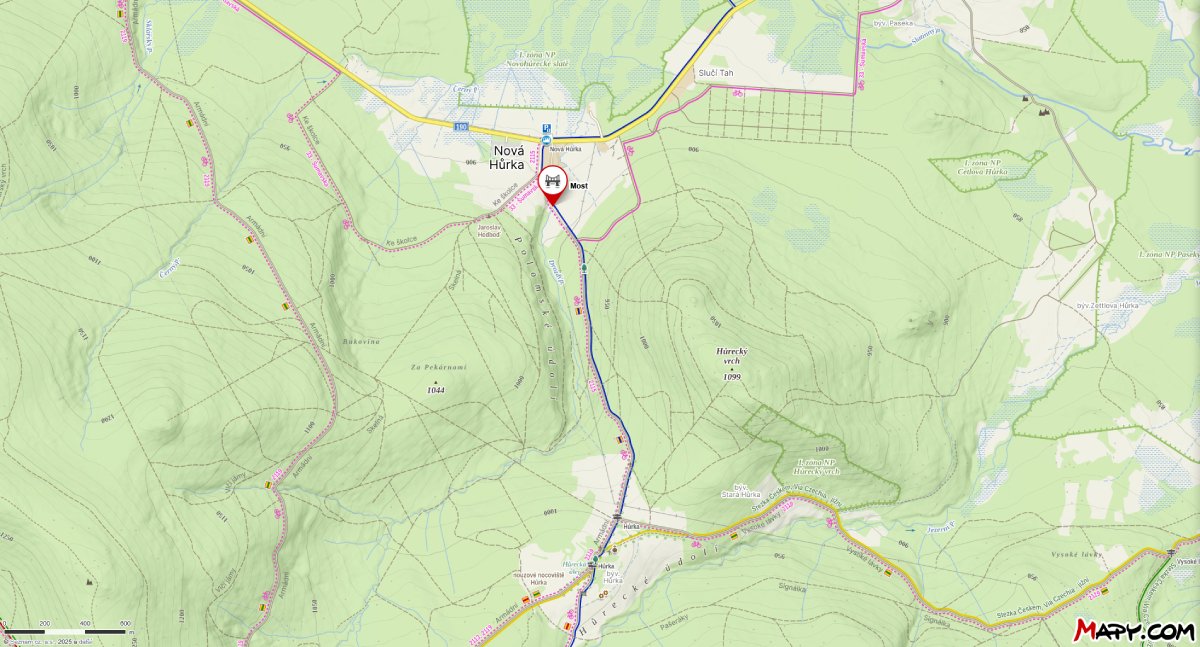 mapka uzavírky mostu u Nové Hůrky směrem na jezero Laka dne 25.8. od 6:00 do 14:00 hodin