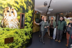 otevreni IS Kvilda po rekonstrukci, pracovnice střediska ukazuje na velkoformátovou fotografii sovy, která pokrývá velkou část stěny