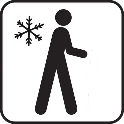 piktogram - černý panáček s nakročenou nohou, v levém horním rohu obrázek sněhové vločky
