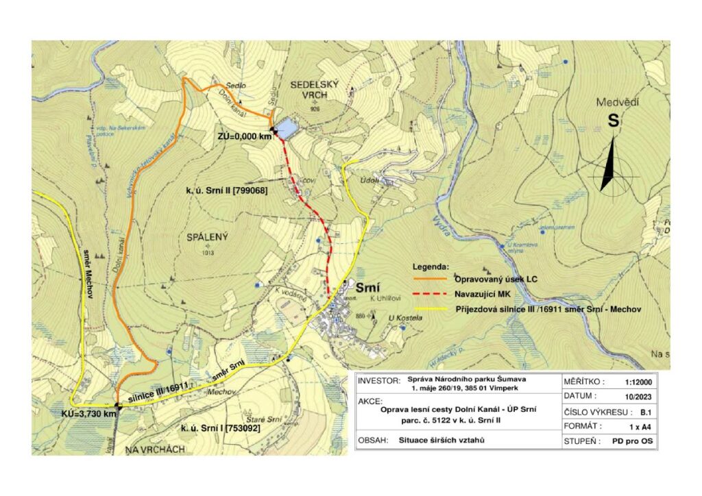 Mapka místa oprav lesní cesty Dolni Kanal u Srní