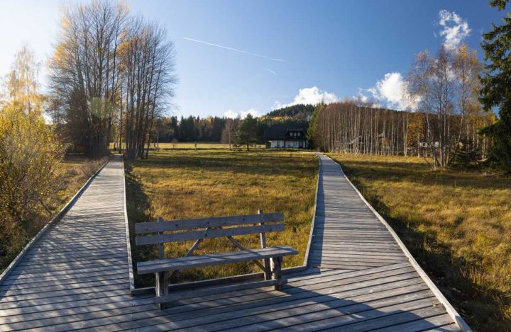 Povalový chodník k Chalupské slati je ze dřevěných fošen a má zvýšené okraje kvůli bezpečnosti